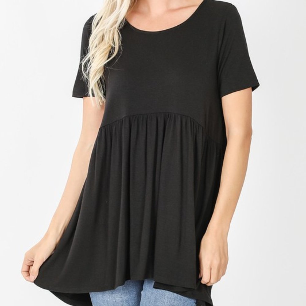 Baby Doll Brushed Waist Sheering Top, Black